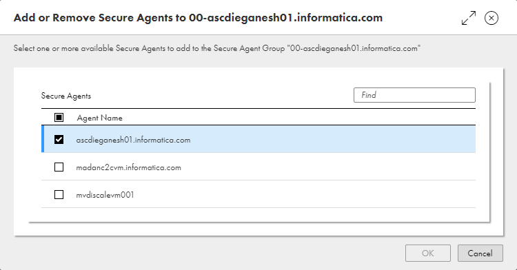 A dialog box showing the agents in a Secure Agent group. Select a check box to add an agent. Clear the check box to remove an agent. 
				  