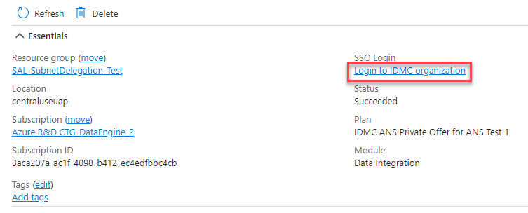 The resource dashboard in Azure, with the "Login to IDMC
								organization" link highlighted.  