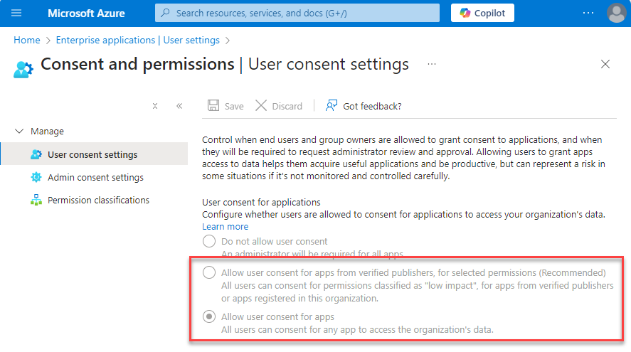 The graphic shows the User consent settings page in the Azure
                                portal. Two options are highlighted: the option "Allow user consent
                                for apps from verified publishers, for selected permissions"
                                requires approval of the Informatica application from the Azure
                                administrator. The option "Allow user consent for apps" does not
                                require approval from the Azure administrator.