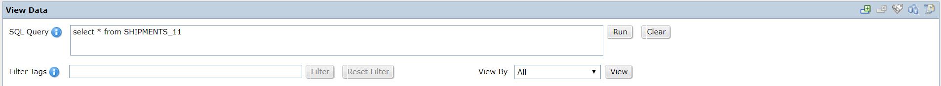 The View Data tab shows the SQL Query field with a query to select all records from the Address table. The View Data tab contains buttons to add and delete rows and update tags. 
				  