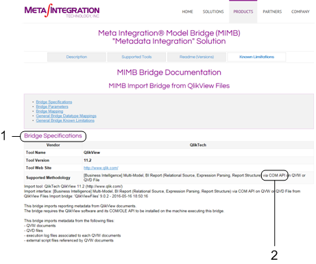 On the Meta Integration Technology Inc. website, open the Supported Tools page for the metadata source. The Bridge Specifications section shows the configuration requirements.
		  