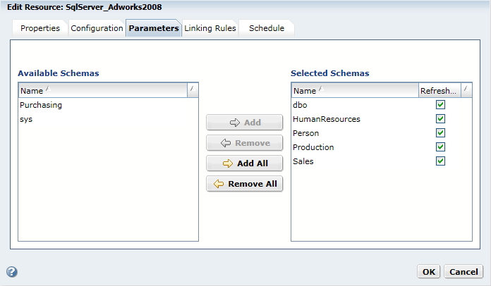 The Parameters tab for a relational resource lists the available schemas on the left and the selected schemas on the right. Metadata Manager loads the schemas in the “Selected Schemas” list that are selected for refresh.
		  