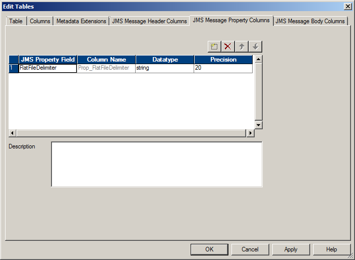 The JMS Message Property Columns tab has a property column named FlatFileDelimiter. 