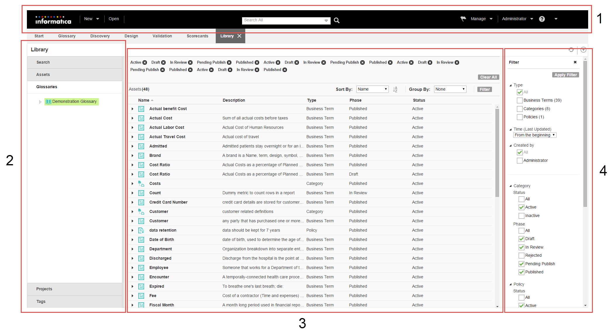 Lirbrary workspace shows the header area, the Library Navigator, the asset list, and the Filter panel.
		  