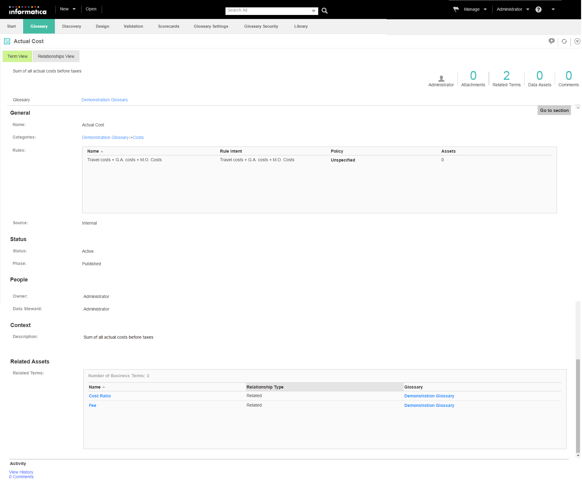 A diagram showing the Business Glossary interface. The interface consists of three workspaces, and one notifications panel. 
		  