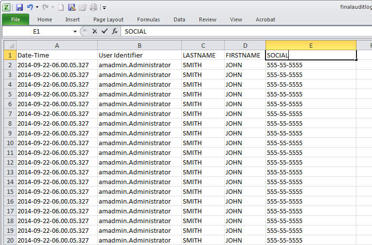 Microsoft Excel worksheet with the timestamp, user ID, last name, first name, and social columns populated with information extracted from the audit log.