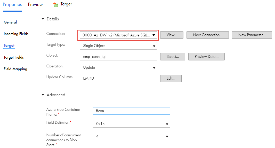 The image shows an existing mapping that uses the Microsoft Azure SQL Data Warehouse V2 connection 
			 
