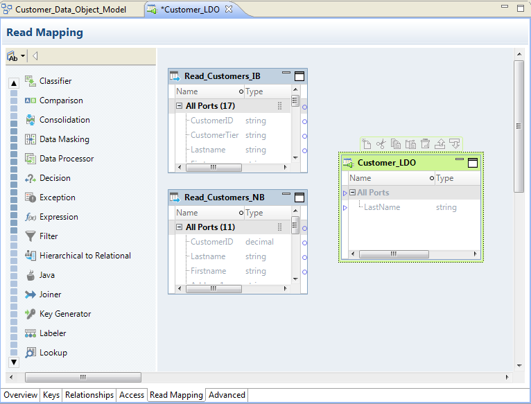 The image shows the physical data objects and logical data objects in read mapping tab. 
				  