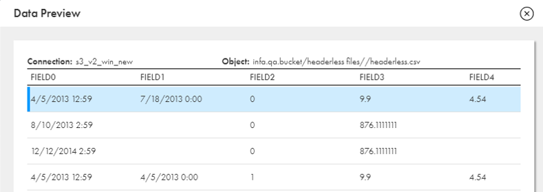 When you preview the data of an Amazon S3 file that does not have a header in the Data Preview tab, the data appears with the header names FIELD0, FIELD1, FIELD2 and so on.