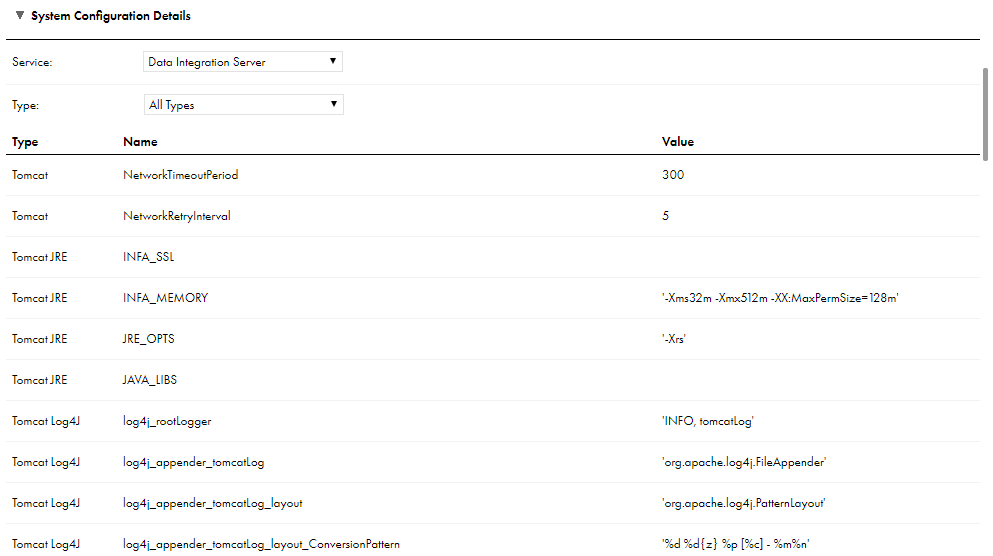 When you view or edit a Secure Agent and select the Data Integration Server, the Data Integration Server properties appear in the System Configuration Details area. In this image, the service type is set to "All Types," and several Tomcat, Tomcat JRE, and Tomcat Log4j properties are displayed. 
		  