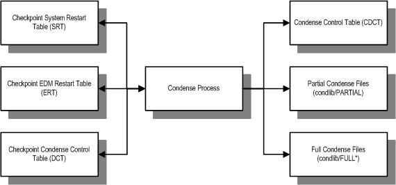 The Condense process uses the checkpoint restart and condense control tables and writes to the CDCT file and partial or full condense files. 
		  