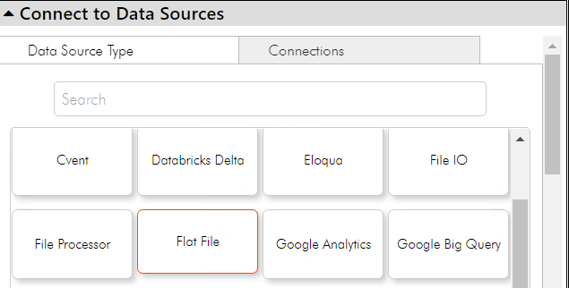 The Data Source section displays all the data sources that you can connect to. 
				