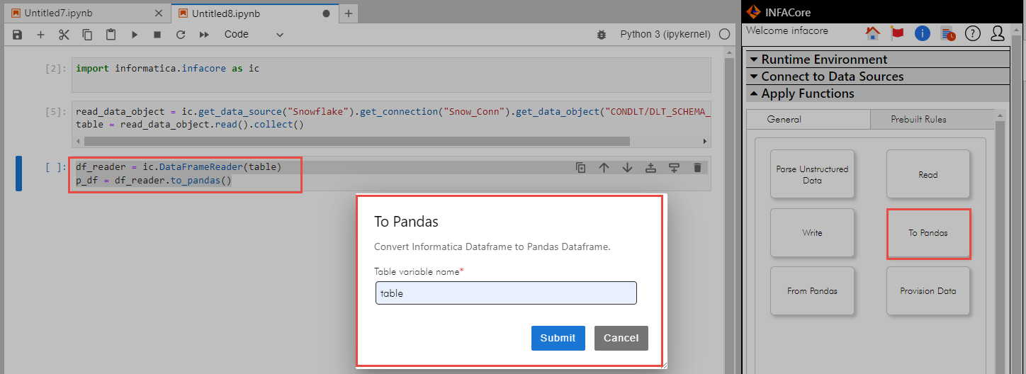 You enter the table variable name to generate the code to convert the DataFrame to the Pandas DataFrame in the workspace. 
			 