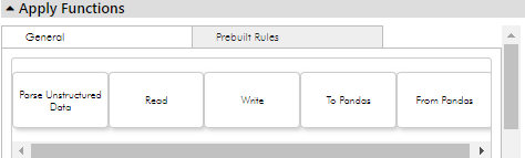 This section displays operations such as read, write, parser, and Pandas DataFrame functions that you can apply to your data. 
				  