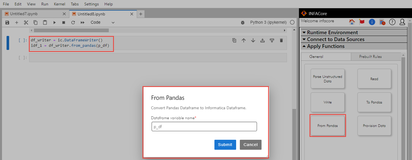 When you select the From Pandas function, a dialog box opens to enter a name for the DataFrame in the workspace. 
				