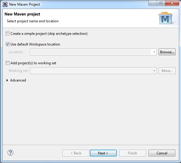 The image shows the New Maven project wizard with Use default Workspace location selected. 
					 