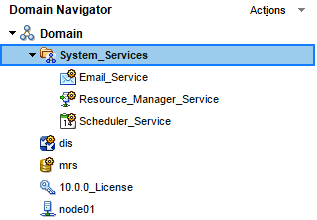 The Domain is expanded in the Domain Navigator. The Domain contains a system services folder, a model repository service, a data integration service, a license, and a node. The System Services folder is expanded and contains an email service, a resource manager service, and a scheduler service. 
			 