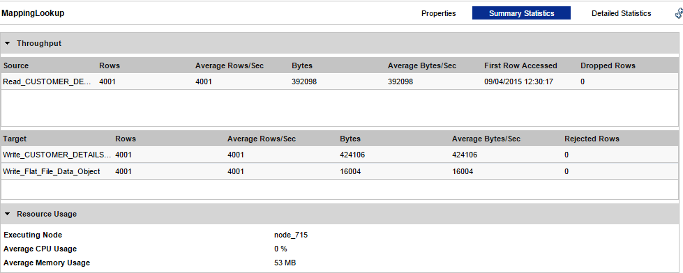 The Summary Statistics view for a Mapping job has two sections: throughput and resource usage. The Throughput section displays statistics for the source and target. The resource usage section lists the executing node, cpu usage, and memory usage for the job. 
					 