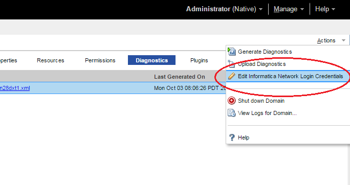 This image shows the Edit Informatica Network Login Credentials choice selected in the Actions menu at the top of the page.
				