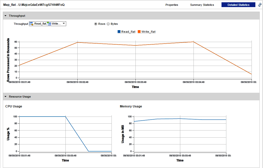 The Detailed Statistics view for a Mapping job has two sections: throughput and resource usage. The Throughput graph plots the rows processed against the time it took to run the mapping. The Resource Usage has a graph for CPU usage and a graph for memory usage. the Graphs plot usage against the time it took to run the mapping.