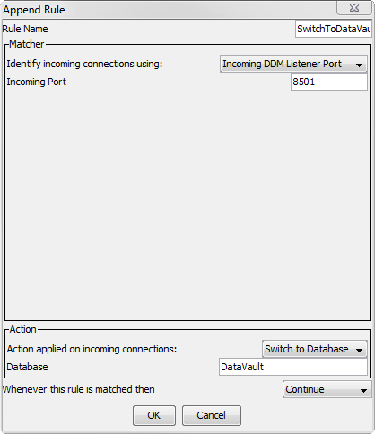 The SwitchToDataVault rule uses the Incoming DDM Listener Port matcher, the Switch to Database rule action, and the Continue processing action. 
				  