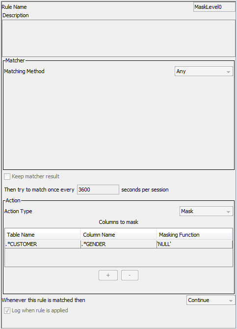 The MaskLevel0 rule uses the any matcher, the mask rule action, and the continue processing action. The mask action uses the NULL masking function to nullify the GENDER column of the CUSTOMER table.
		  