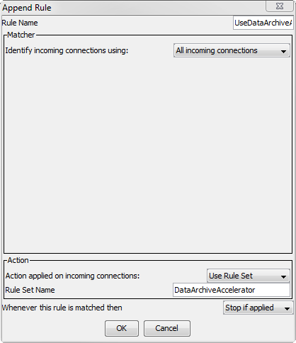 The UseDataArchiveAccelerator rule uses the All Incoming Connections rule matcher, the Use Rule Set rule action, and the Stop if Applied processing action.
				  