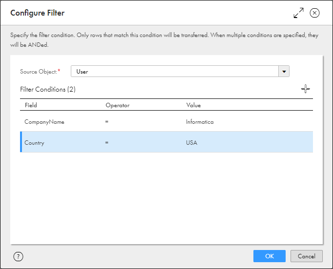 The Configure Filter dialog box shows two filters configured for the source object "User": CompanyName = 'Informatica' and "Country = 'USA' 
		  